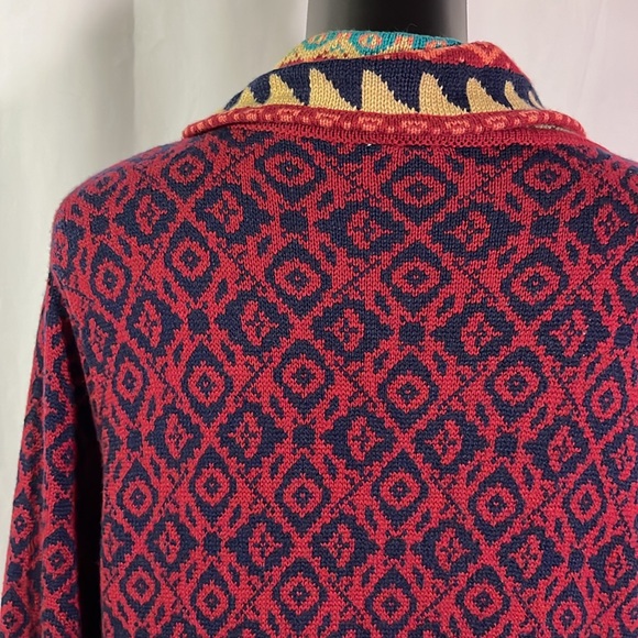 Sahalie Red Multicolor Printed Zip Front Wool Blend Duster Cardigan - Picture 12 of 16